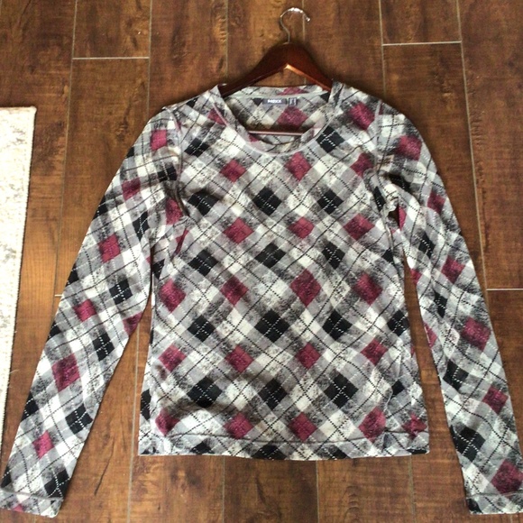 Ladies retro argyle sheer top in burgundy/grey/white black. Sz medium - Picture 1 of 9